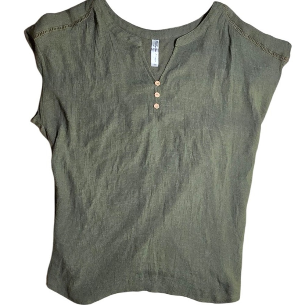 Per Seption Womens Olive Green short sleeve mixed media top blouse PLUS 2XL